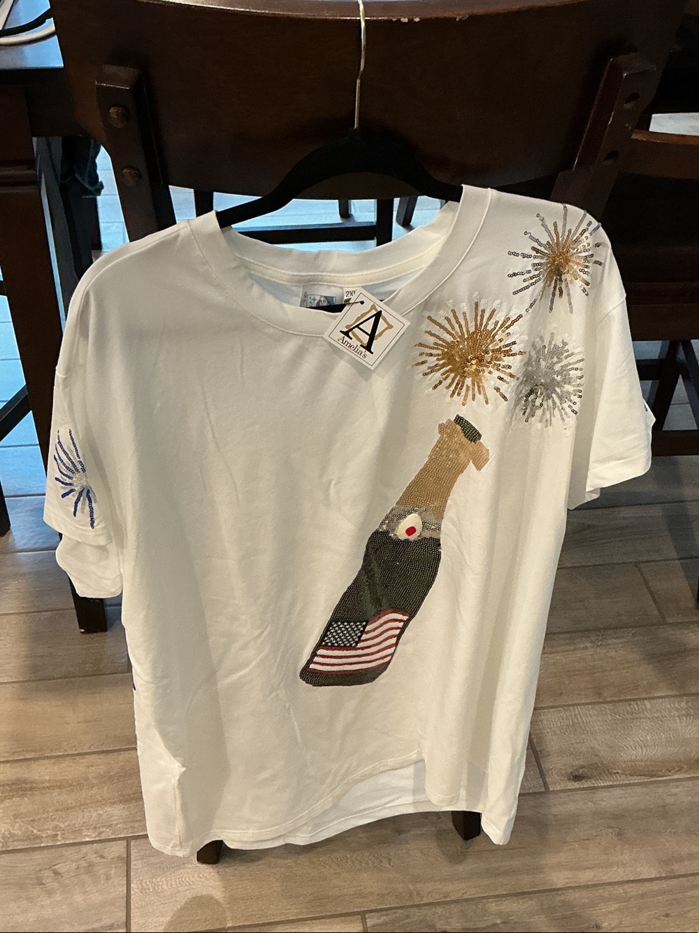 Ariella White Celebration Tee with Gold & Silver Firework Embellishments